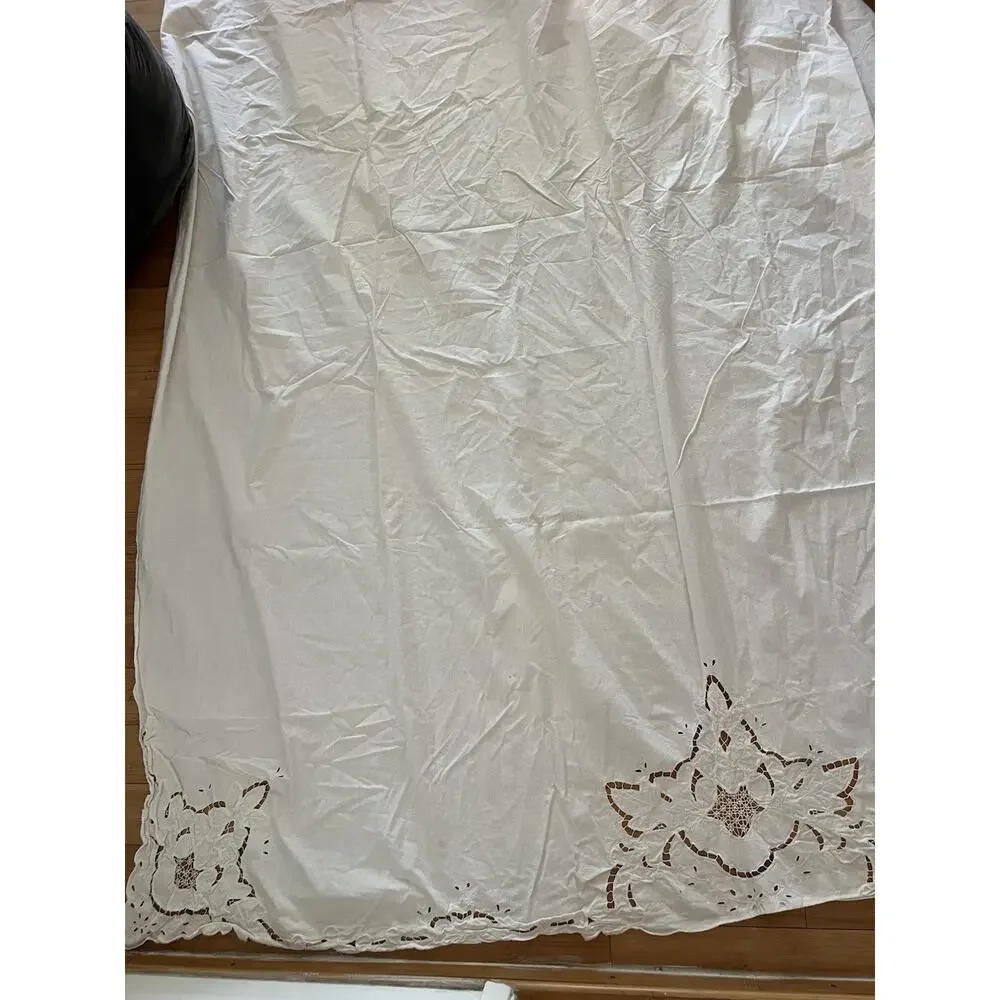 Vintage Cotton Full Beige Flat Sheet Embroidered Floral Crochet French Country